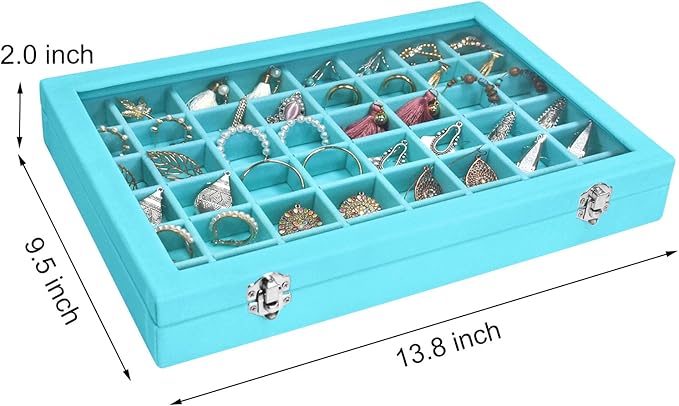 Siveit Velvet Jewelry Tray 48 Grid Jewelry Display Tray Organizer Box with Transparent Lid Rings Earrings Necklaces Pendants Display Box Suitable for Women and Girls (Light Blue)