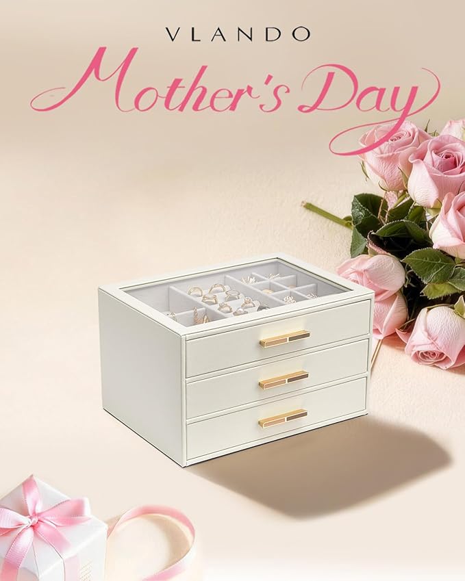 VLANDO Jewelry Box for Women, Glass Lid Jewelry Organizer with 3 Drawers for Necklaces Rings Earrings Bracelets Mother Day Gift for Mom - Cloud White