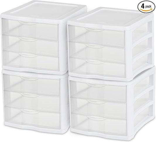 Sterilite 4-Pack 3 Drawer Unit, Stackable Plastic Organizer with Drawers, White Frame - Multi-Purpose Countertop Storage Containers for Office Supplies, Craft Rooms, Classrooms and Home Organization