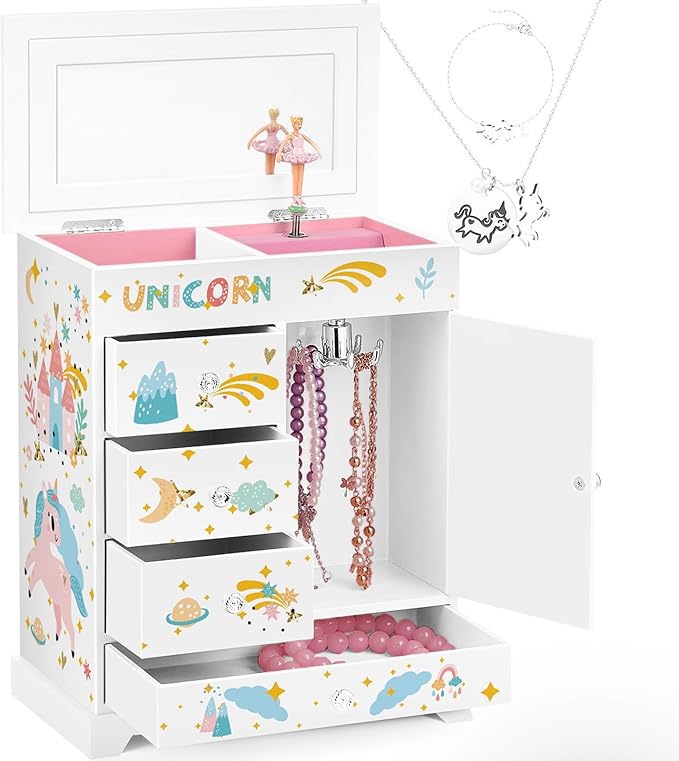 Large Jewelry Box for Girls 5-Layer Music Box with Swing Door Spinning Ballerina Unicorn Necklace & Bracelet Set Children Jewelry Organizer for Girls Kids Birthday Christmas Gift White