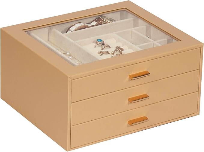 Jewelry Box with Glass Lid, 3-Layer Jewelry Organizer for Women Girls, PU Leather Display Case with 20-Grid Earring Tray & Movable Dividers for Necklaces Rings,Camel