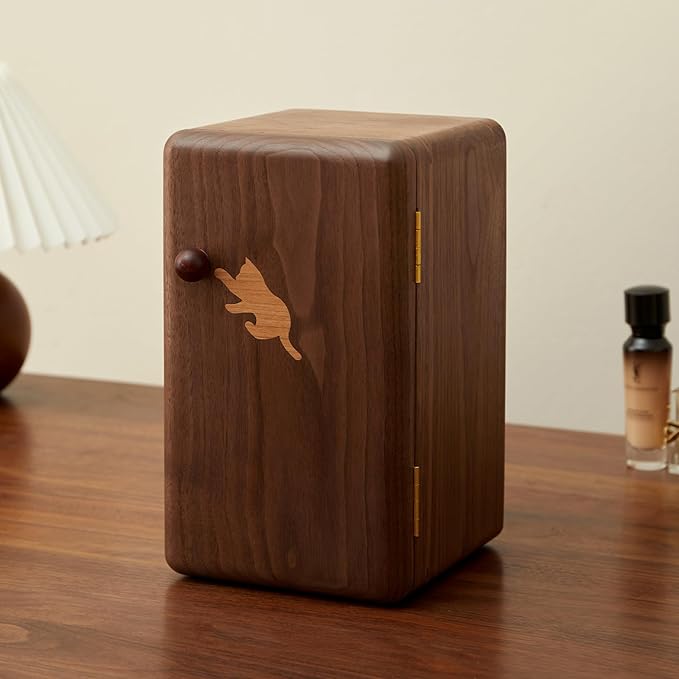 Black Walnut Solid Wood Cabinet Jewelry Box for Women, Large Velvet Lined Organizer with 6 Drawers, Cherry Wood Cat Inlays, Rosewood Handles, Gift for Her