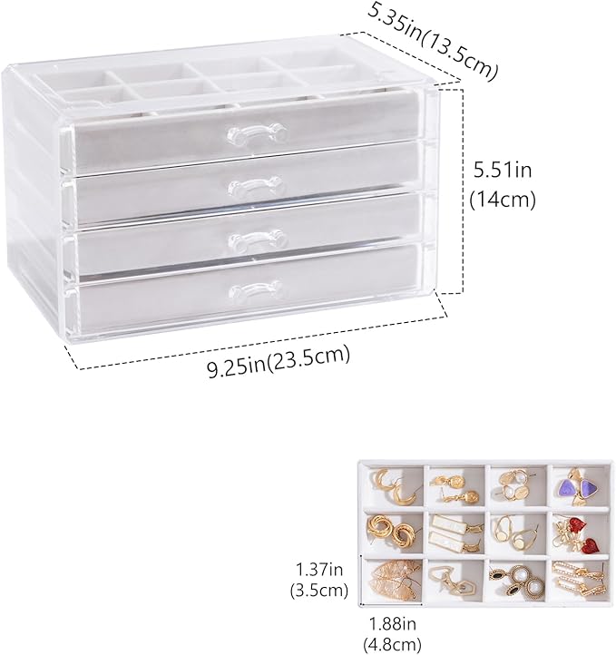 Lolalet Earring Holder Organizer Box Jewelry Storage with 4 Drawers, Clear Acrylic Stackable Earring Case with Adjustable Velvet Trays for Women on Dresser Vanity -Warmwhite, 4 Layers