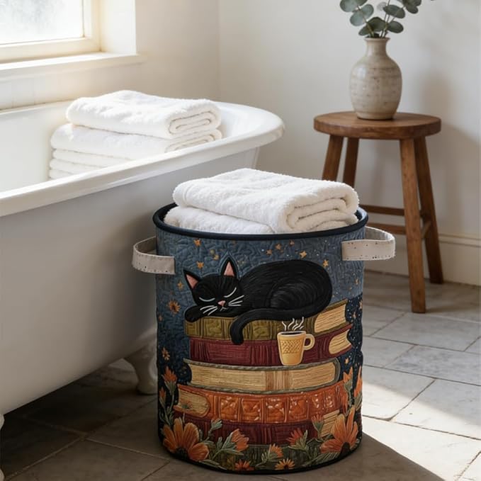 Cat Quilted Laundry Basket - 18"/22"/28", 2026 Large Quilted Cat Laundry Basket with Handles, Cozy Cat Fabric Storage Hamper for Nursery, Bedroom, Laundry Room, Clothes & Toys (3, L 20"X28”)