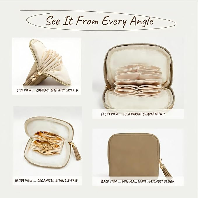Mini Travel Jewelry Case, Small Jewelry Organizer, Jewelry Travel Case for Women, Portable Travel Jewelry Organizer Bag, Travel Jewelry Box – 5.3 × 5.1 inches (Sand Brown)