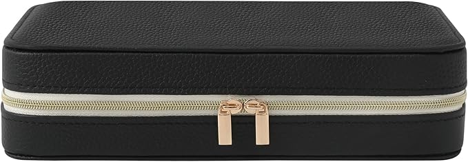 Genuine Leather Travel Jewelry Organizer Case Box with Mirror for Women, Small Mini Portable Jewelry Box for Ring Earrings Necklace Bracelet Luxury Gift for Women（Black）