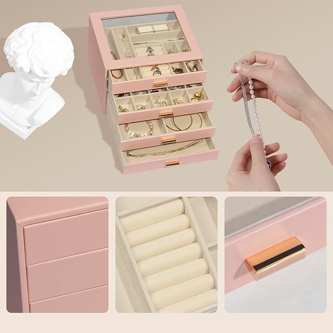 Jewelry Box with Glass Lid, 4-Layer Jewelry Organizer for Women Girls, PU Leather Display Case with 20-Grid Earring Tray & Movable Dividers for Necklaces Rings,Pink