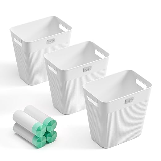 JOYMOOP Slim Trash Can 3-Pack, 2.9 Gallon Plastic Wastebasket for Bathroom, Bedroom, Office, Kitchen with 4 Rolls Bags, White