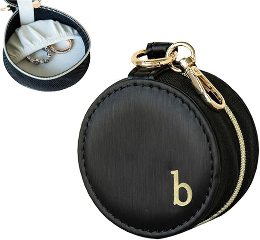 COLLECTIVE HOME - Monogrammed Letter Jewelry Case, Portable Travel Ring Holder Box with Keychain, Personalized Initial Organizer for Earrings Necklaces, Gift for Her (Black-b)
