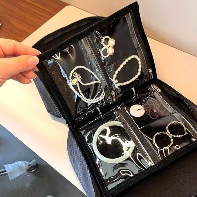 GSXRB Travel Jewelry Organizer Case with Clear Zipper Pouches,3pcs Velvet Jewelry Storage Book Binder, Multi-Layer Inner Pages for Earrings/Rings/Necklace/Bracelet, Compact & Waterproof(Black lining)