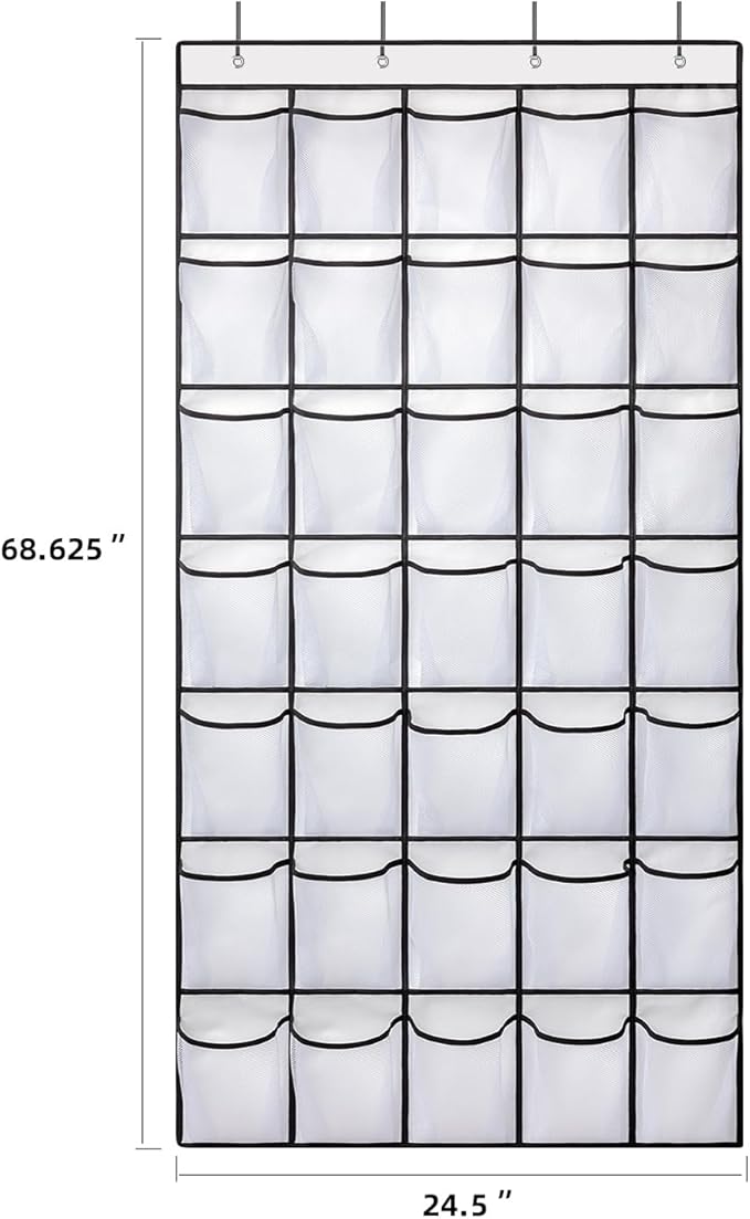 SAVERHO 35 Pockets Over the Door Shoe Organizer, Hanging Shoe Organizer for Door with 35 Mesh Pockets Large Capacity Shoe Hanging Storage Bag with 4 Metal Hooks (White-1Pack)