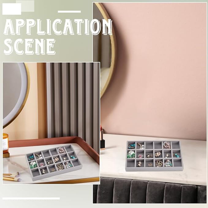 2Pcs 5 x 8.3 Inch 18 Grid Jewelry Tray Drawer Insert Velvet Earring Organizer Display Case Storage with Removable Divider Container Box for Rings Watch Necklace Trinket Holder Showcase Gray