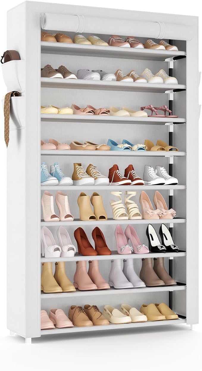 VILICK Shoe Rack with Cover Narrow Shoe Organizer with Pockets 10 Tier Tall Shoe Storage Holds 36-41 Pairs Shoes and Boots Shoe Rack for Closet Entryway Garage, White