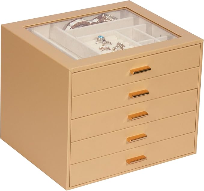 Jewelry Box with Glass Lid, 5-Layer Jewelry Organizer for Women Girls, PU Leather Display Case with 20-Grid Earring Tray & Movable Dividers for Necklaces Rings,Camel