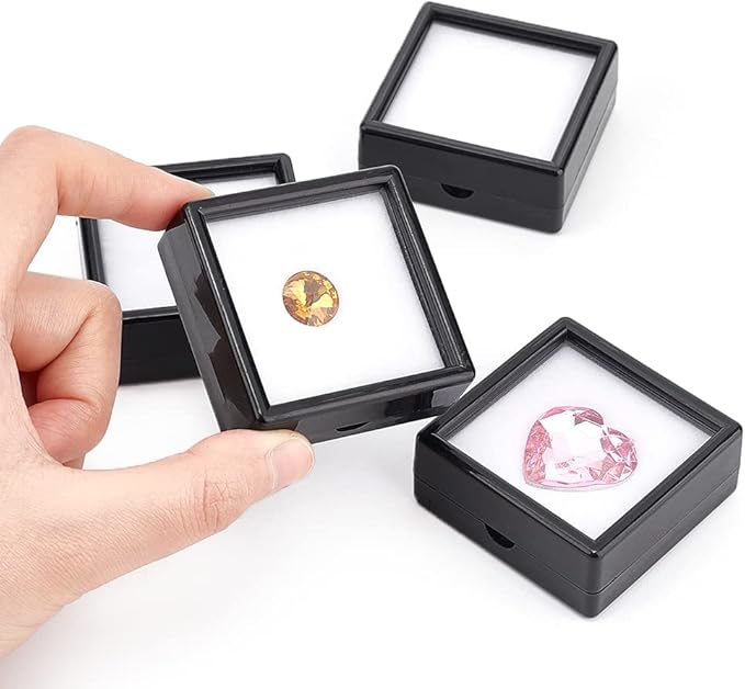 BENECREAT 12PCS Black Gemstone Display Box, Square Acrylic Diamond Jewellery Tray Box Container with Clear Lids and Sponge for Gems, Stone, Pendants, Crystal