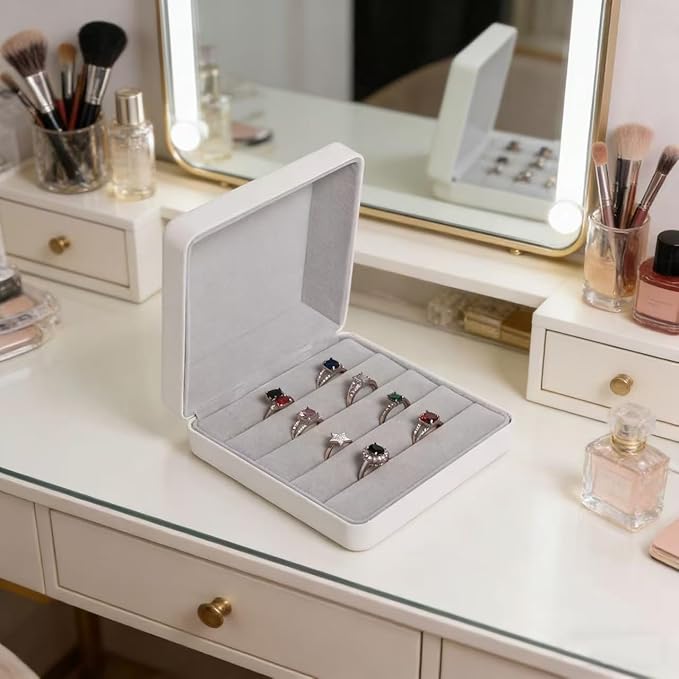 Small Ring Organizer Box, Portable Jewelry Rings Display Collector Case, Jewelry Ring Tray holder Showcase. Modern Rings Storage Boxes Fit for Women, Girl for Travel (White)