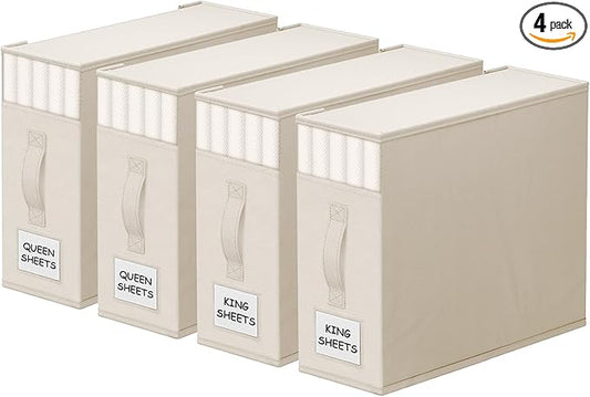 StorageTastic 4 Pack Bed Sheet Closet Organizers and Storage,Sturdy Foldable Storage Containers with Window and Label,Storage and Organization for Bedding Sheets,Duvet Covers,Blankets (Beige)