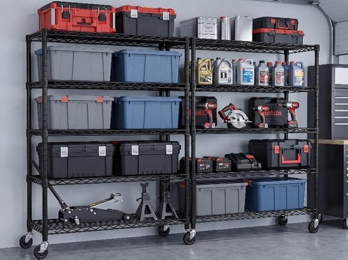 PrimeZone 74''H Wire Shelving 1250lbs 5 Tier Storage Shelves with Wheels NSF Certified Heavy Duty Steel Metal Shelf Adjustable Rolling Rack Kitchen Garage Closet Pantry 4pcs 74''HX36''WX14''D 4pcs