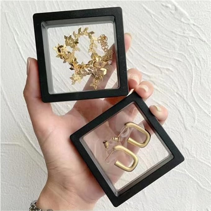 12PCS 3D Floating Frame Display Stand, Jewelry Box, Gift Box, Ornament Organizer, Small Travel Jewelry Box, PE Film Anti-Oxidation, Suspended Display Box Stackable (Black, 2.75*2.75)