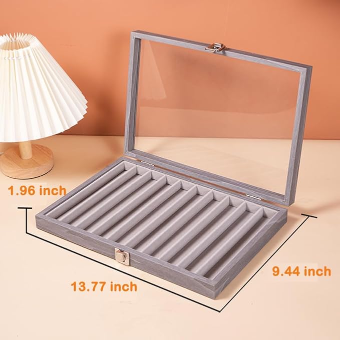 Glass Lid Necklace Organizer Box Transparent Necklace Holder Organizer Velvet Necklace Display Box Clear Lid Jewelry Storage Stackable Necklace Display Case for Women Girls (Grey)