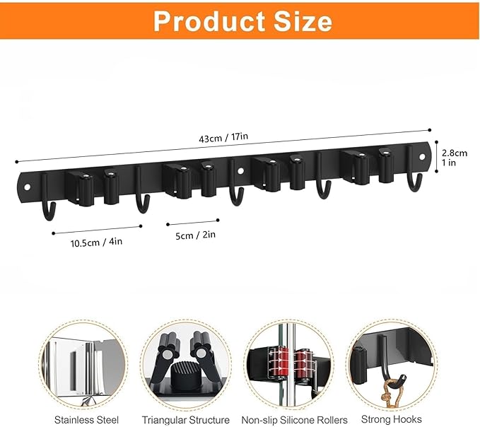 CUXIXA Mop and Broom Holder Wall Mount, Upgraded Broom Organizer Wall Mount, Stainless Steel Broom Hanger Wall Mount for Kitchen Garden Laundry Room Decor(4 Racks with 5 Hooks Black)