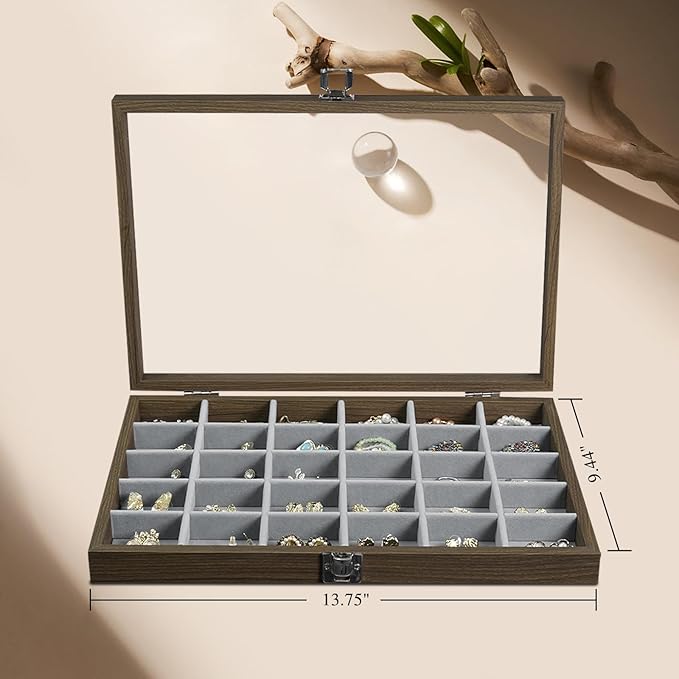 Stratalife Wood Jewelry Organizer 30 Grid Earring Tray Jewelry Holder Ring Box Earring Holder Organizer with Clear Lid Ring Storage for Women Vintage Style