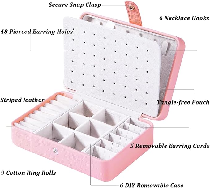 QBestry All-in-One Travel Jewelry Organizer for Women Pink | Small Jewelry Box with 68 Earring Holes | Compact Portable Jewelry Case for Earrings, Rings, Necklaces | Perfect Gifts for Mom Wife Girls