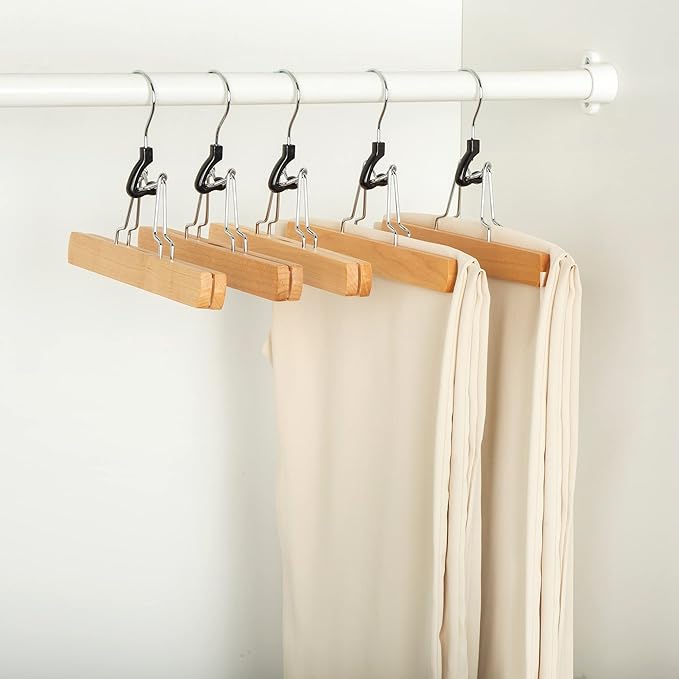 Amazon Basics Sturdy Wooden Pants Hangers for Closet Organization, Natural, 10-Pack