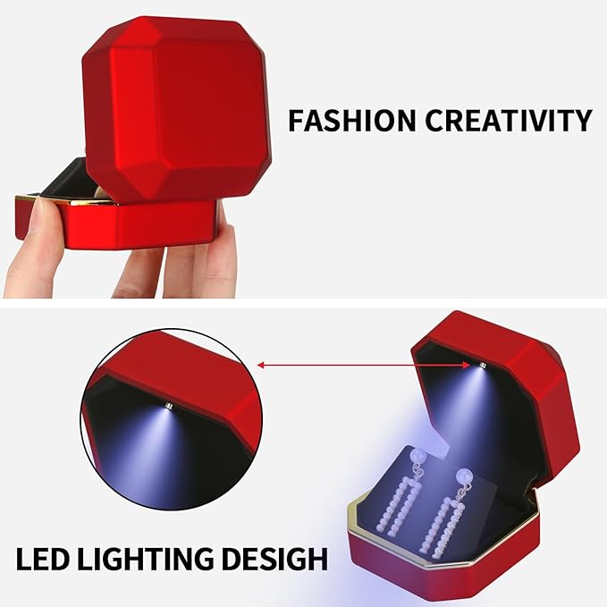 Luxury LED Jewelry Earring Pendant Stud Box, Velvet Earring Necklace Gift Box Storage Case Organizer Holder for Proposal Engagement Wedding Anniversary Birthday Ceremony (Red)
