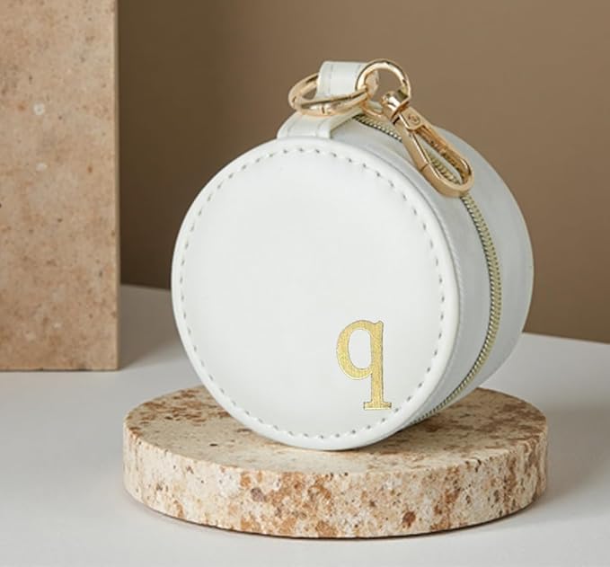 COLLECTIVE HOME - Monogrammed Letter Jewelry Case, Portable Travel Ring Holder Box with Keychain, Personalized Initial Organizer for Earrings Necklaces, Gift for Her (White-q)