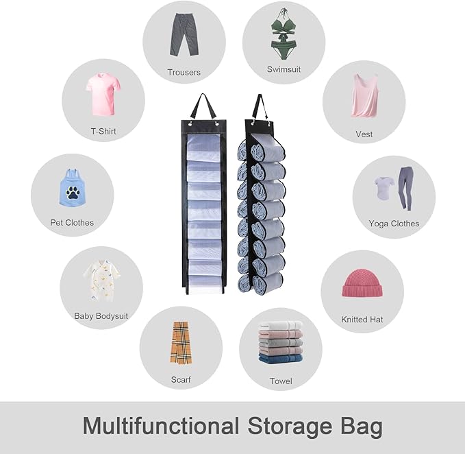 DHSFKBE Legging Organizer Storage, T-Shirt Organizer, Foldable Hanging Closet Organizer, Hanging Clothes Organizer with 16 Roll Compartments for Yoga Clothes, Shirt (Black)