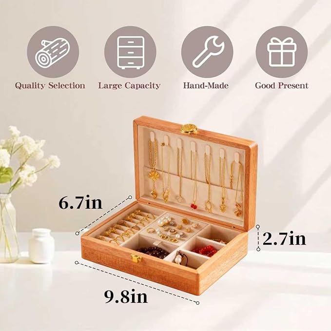 Travel Jewelry Case Small Wood Jewelry Organizer Jewelry Box for Women (Pine Wood Print A)