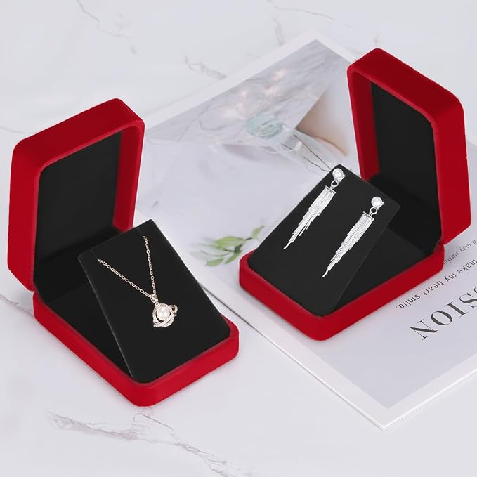 LETURE 2 Pieces Velvet Jewelry Gift Boxes for Necklace Pendant Earring Bracelet, Small Jewelry Storage Display Case for Christmas Wedding Engagement Birthday Anniversary (Red)