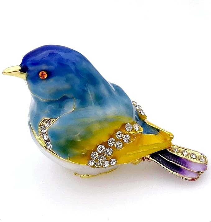 JWT Astyle Blue Mountain Bird Hinged Trinket Box with Crystal Stones .Animal Jewelry Box.Necklace Rings Earrings Storage.Bird Figurines Home Decor,Collectible Trinket Boxes Gift ., Blue Yellow