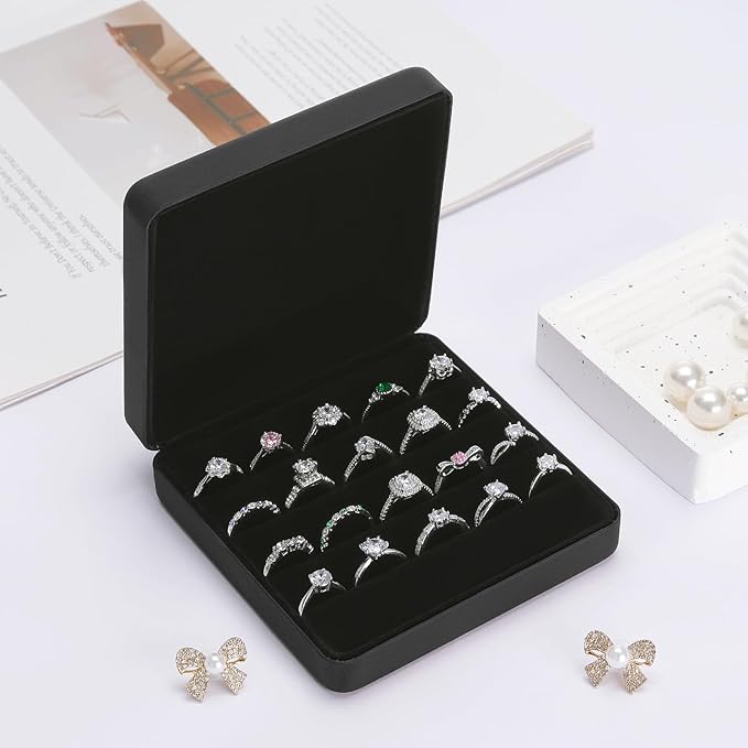 KUKUVR Ring Storage Organizer Box for Multiple Rings, Travel Portable Jewelry Ring Stud Earring Case, Ring Tray Holder Showcase Display Case (Black)