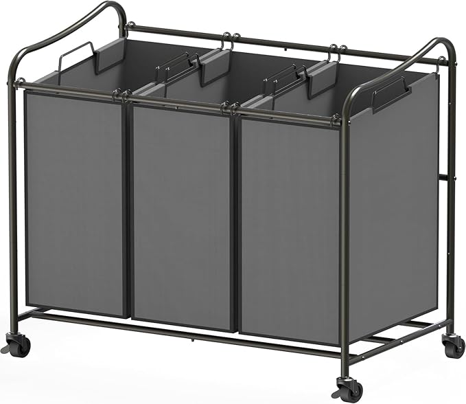 Simple Houseware Heavy Duty 3-Bag Laundry Sorter Rolling Cart, Dark Grey – Durable Triple Laundry Hamper with Removable Bags and Lockable Wheels for Efficient Laundry Organization