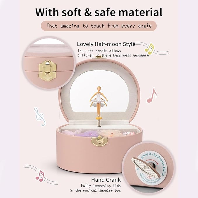 VLANDO Musical Jewelry Box for Girls, Small Kid Music Box with Ballerina for Party Bedroom Decor, Bithday Gift for Girl - Pink
