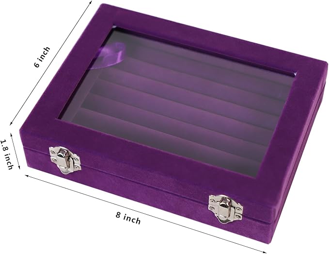 Jewelry Box Rings Organizer Tray 7 Slots Velvet Jewelry Earring Storage Box With Transparent Lid Jewelry Display Case for Girls Women (Purple)