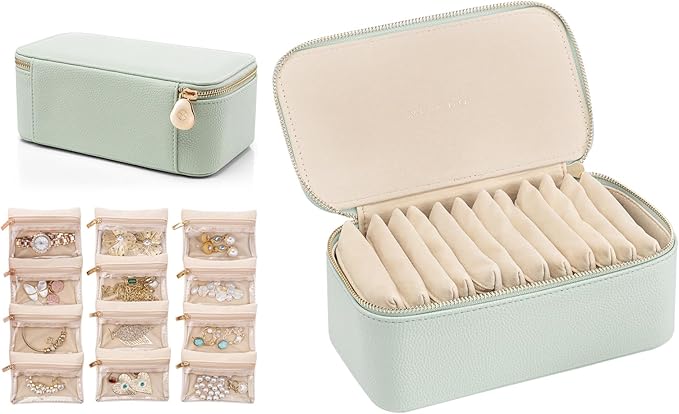 VLANDO Travel Jewelry Box Organizer – Portable PU Leather Jewelry Case with 6/8/12 Zippered Pouches, Compact Storage for Earrings Rings Necklaces Bracelets, Menthol Mambo