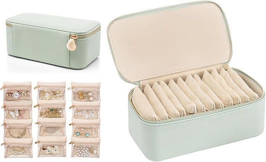 VLANDO Travel Jewelry Box Organizer – Portable PU Leather Jewelry Case with 6/8/12 Zippered Pouches, Compact Storage for Earrings Rings Necklaces Bracelets, Menthol Mambo