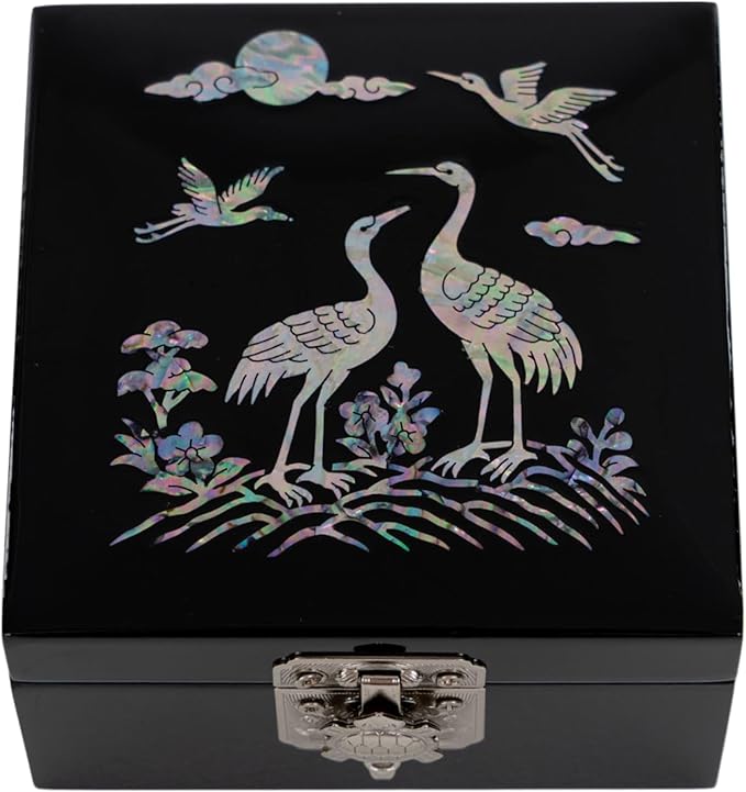 February Mountain Mother of Pearl Mini Jewelry Box - Organizer for Earring Necklace Ring & Bracelet Jewelry Display Storage Case for Woman Unique Gifts (Crane_Black)
