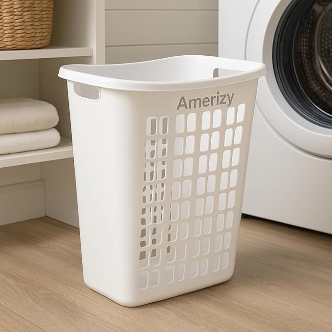 Large White Plastic Laundry Hamper – Rectangular Open Top Clothes Basket with Ventilation, Lightweight Durable Bin for Bedroom, Bathroom, Closet or Dorm Use 2 pack