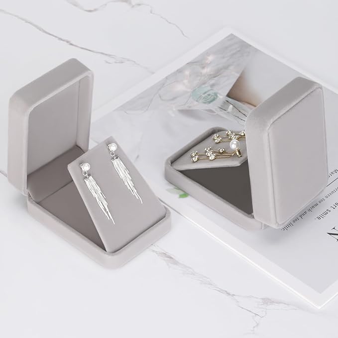 LETURE 2 Pieces Velvet Jewelry Gift Boxes for Necklace Pendant Earring Bracelet, Small Jewelry Storage Display Case for Christmas Wedding Engagement Birthday Anniversary (Grey)