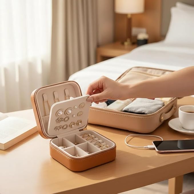 Travel Jewelry Box, PU Leather Small Jewelry Organizer for Women Girls, Portable Mini Travel Case Display Storage Holder Boxes for Stud Earrings, Rings, Necklaces (Brown)