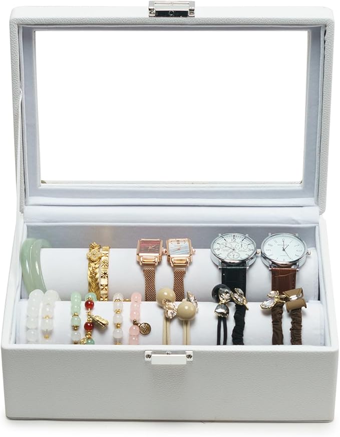 Bracelets Organizer Rods Bangles Display Holder, Clear See through Lid Leather Velvet Jewelry Storage Box Case for Women, 2 Rods White Leather