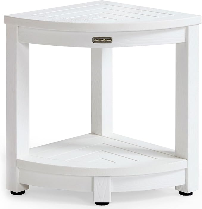 KaimuBench Corner Shower Stool for Inside Shower Waterproof, Poly Lumber Bathroom Shower Corner Bench Seat, Plastic Shower Chair Seat, Shower Shaving Foot Rest with Adjustable Feet, Non-Slip, White