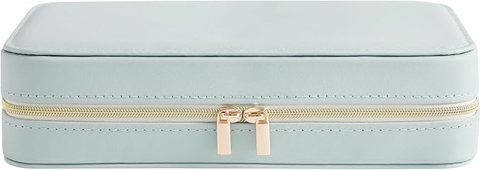 Genuine Leather Travel Jewelry Organizer Case Box with Mirror for Women, Small Mini Portable Jewelry Box for Ring Earrings Necklace Bracelet Luxury Gift for Women（Cyan）