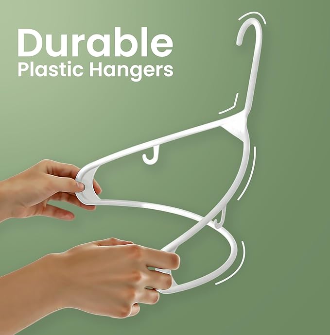 Utopia Home Plastic Hangers 100 Pack - Space Saving Clothes Hanger - Durable & Strong Closet Organizers and Storage with Built-in Strap Hooks - Essential for Shirts, Pants, Skirts & Coats (White)