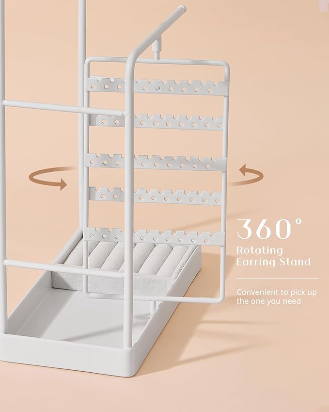 ProCase Jewelry Stand Holder Organizer, Jewelry Display Storage with Ring Tray, Rotating Earring Bracelet Necklace Holder, Valentine's Gifts Room Dorm Decor for Teen Girls -White (No-Assembly)