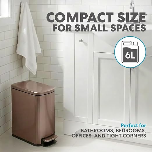 SIMPLI-Magic 6L/1.6G Stainless Steel Bathroom Trash Can with Hands-Free Foot Pedal, Quiet Soft-Close Lid, Compact Space-Saving Size